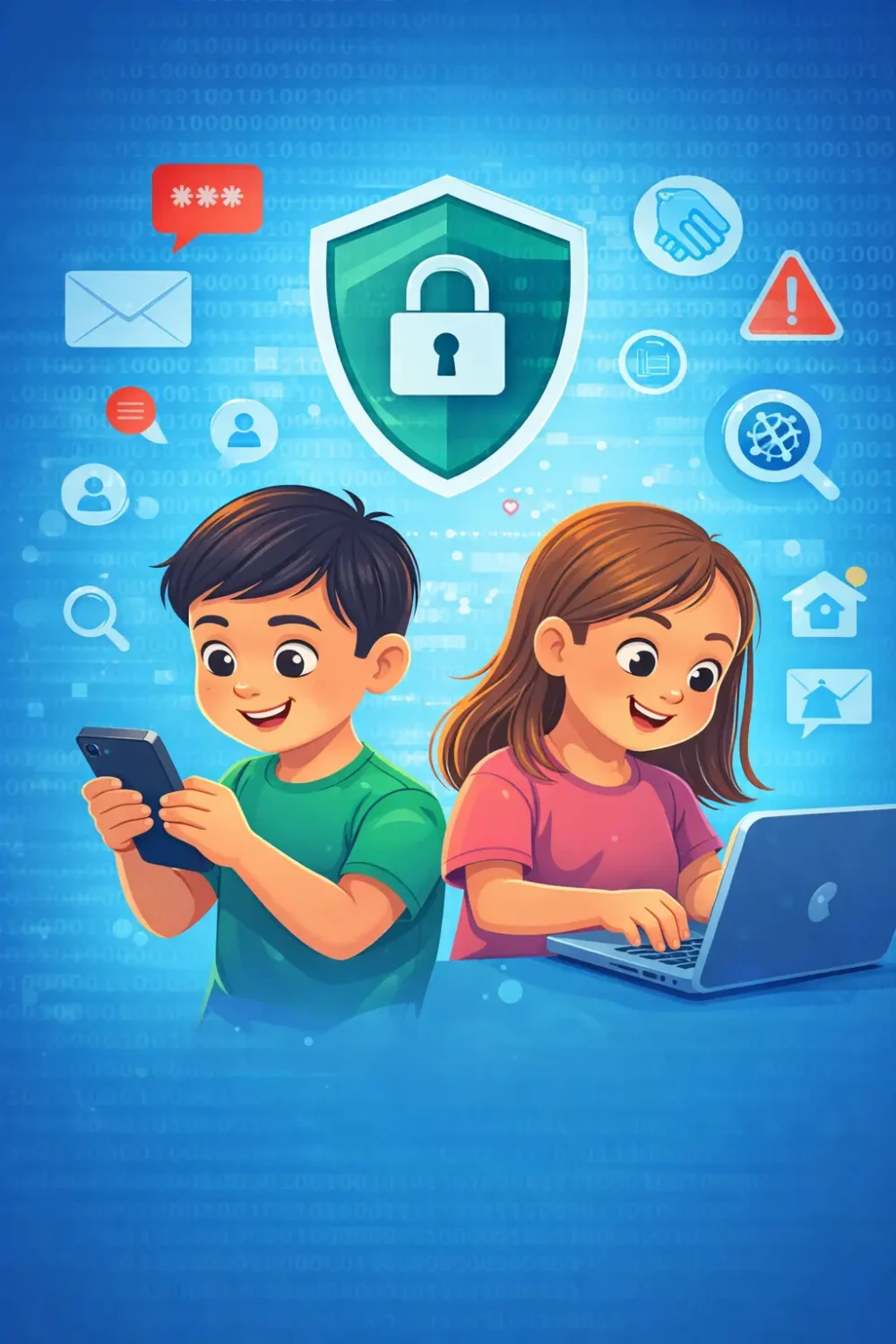 Portrait featured image showing two young children using a phone and laptop beneath a security shield, representing online privacy, safer digital habits, and personal information protection.