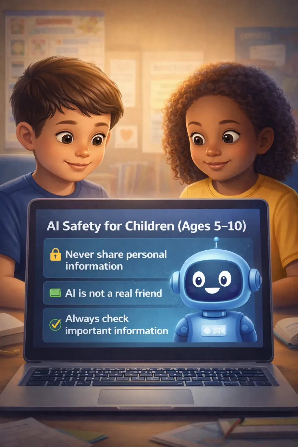 AI safety for children ages 5–10 learning about chatbots with Guy and Cesar