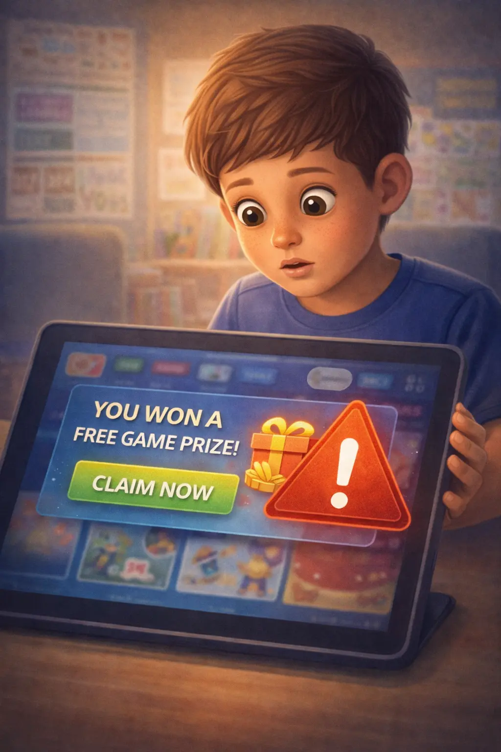 Online scam warning for children learning internet safety