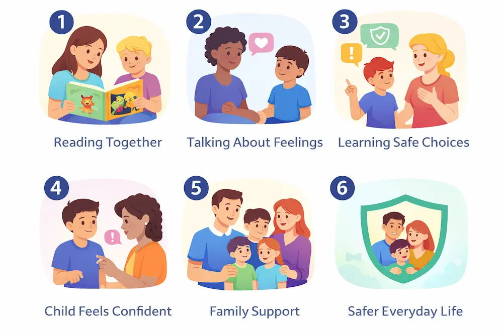 six step parent child safety conversation framework using Guy and Cesar storybooks