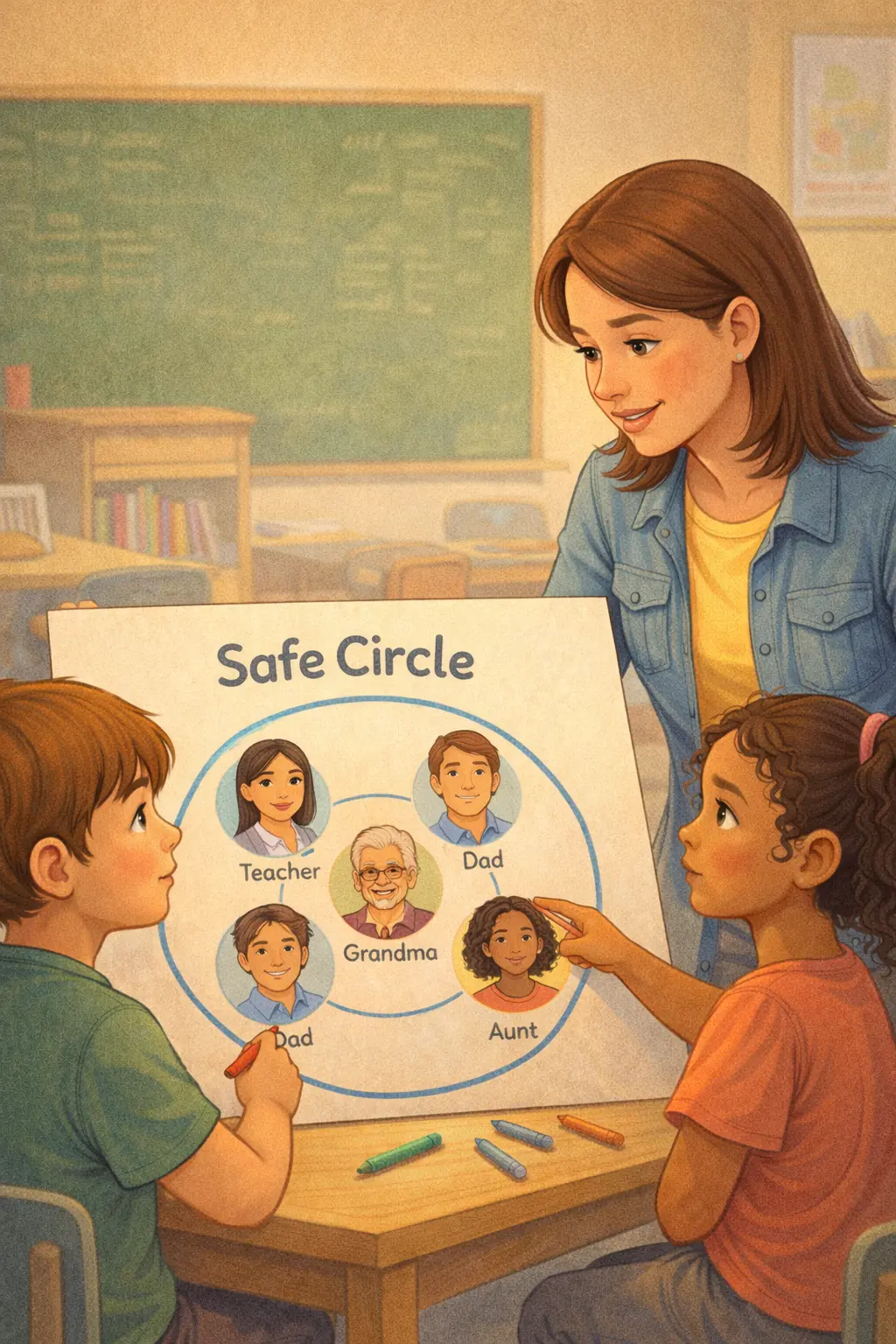 teacher helping children identify trusted adults in their safe circle