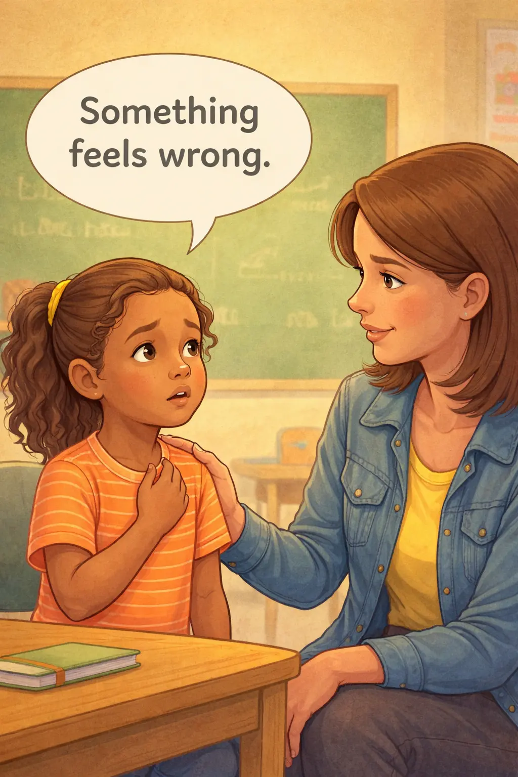 child telling a teacher that something feels wrong