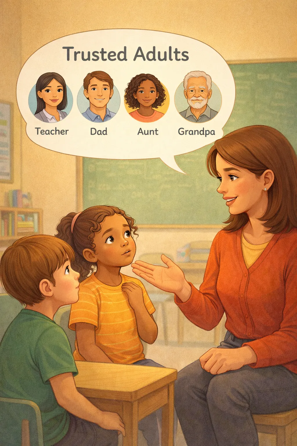 teacher explaining trusted adults to children
