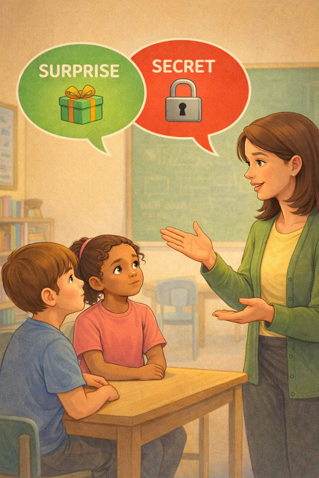 teacher explaining surprises vs secrets to children
