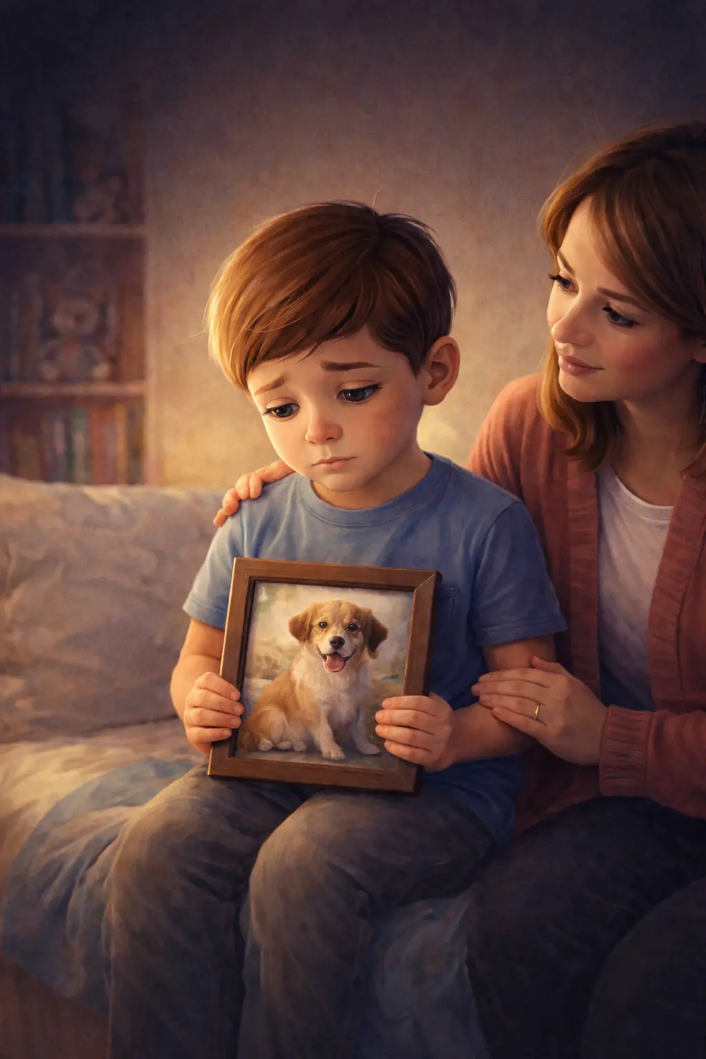 Child receiving gentle support after the death of a pet