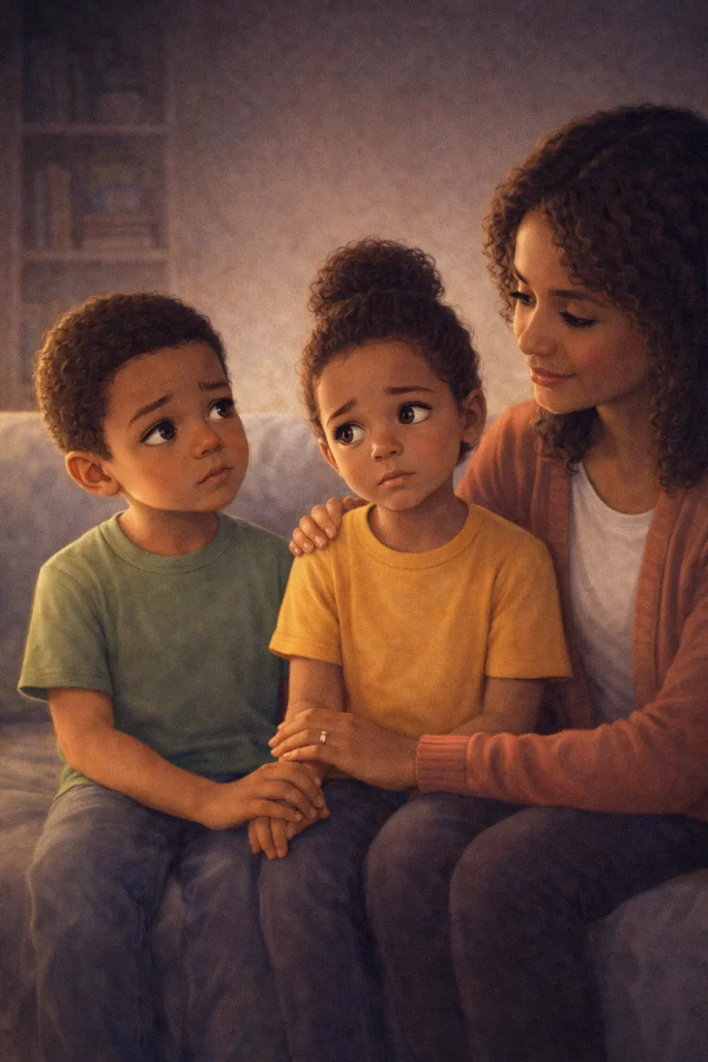 Black mother sitting with two children during a calm conversation about death and difficult questions