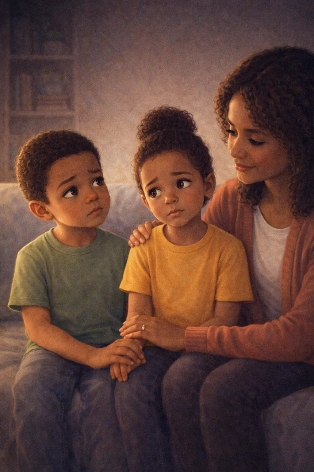 Black mother sitting with two children during a calm conversation about death and difficult questions