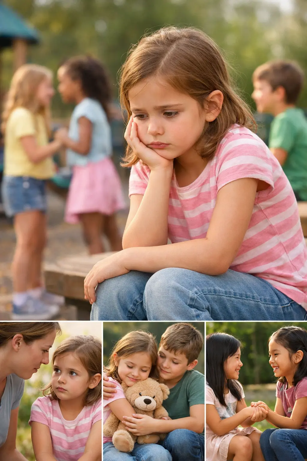 Sad young child sitting alone while other children play in the background, representing friendship fallouts and feeling left out