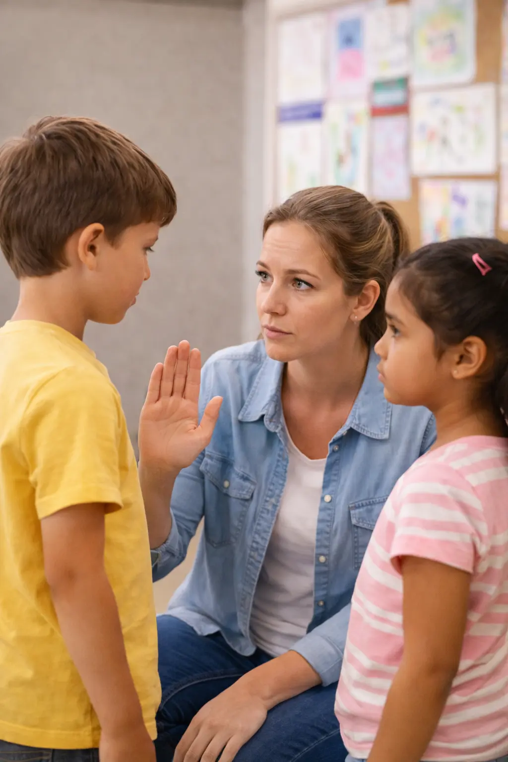 A teacher calmly speaks with two children in a classroom after an unkind comment, modelling respectful behaviour and clear boundaries.