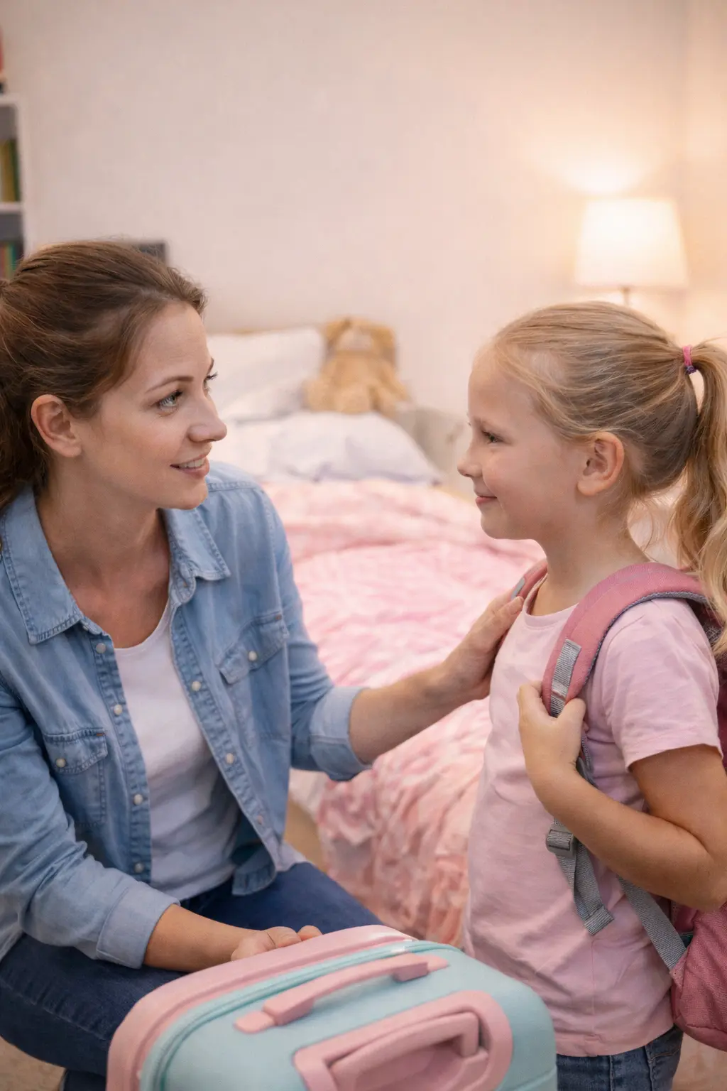 A mother talks calmly with her daughter while helping her get ready for a sleepover, with a small suitcase and backpack beside them in a cosy bedroom.