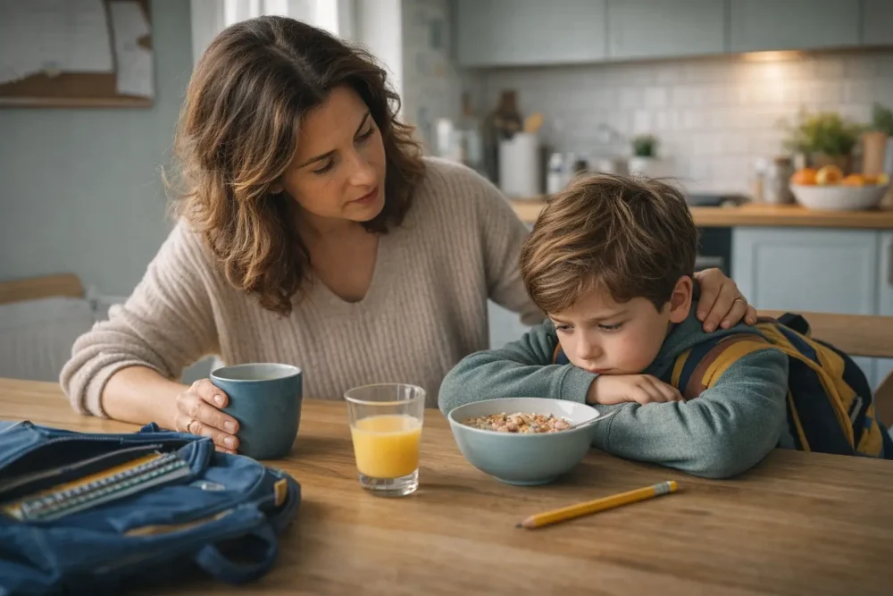 A child sits at the breakfast table looking worried about school while a calm adult offers support