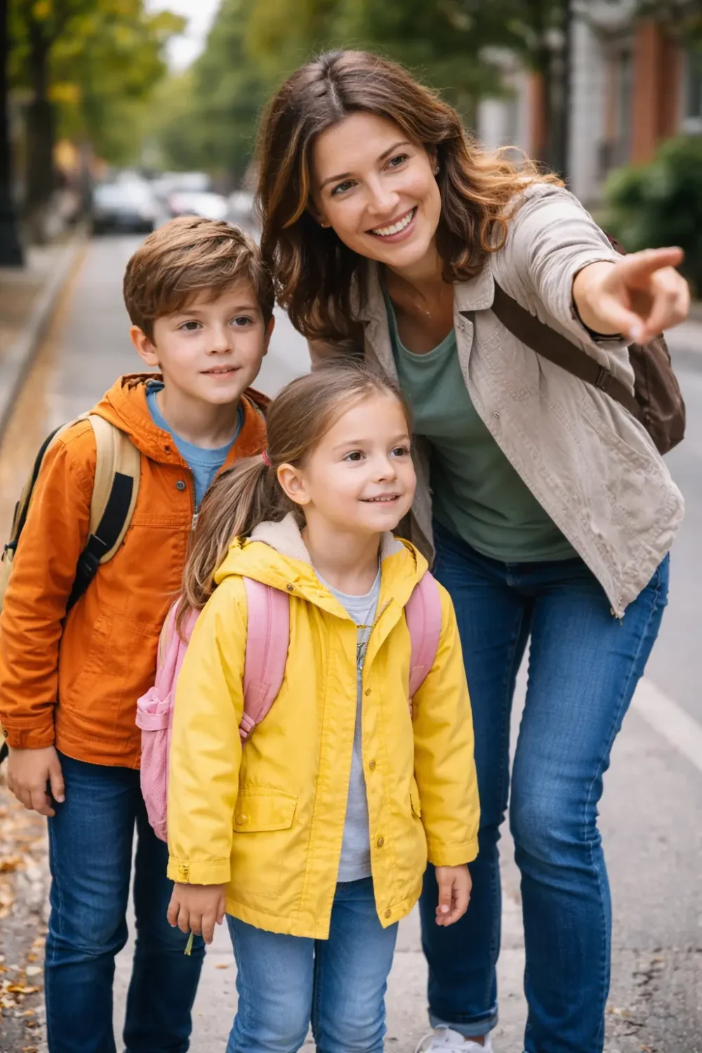 An adult teaches two children road safety by stopping, looking, and paying attention near the road
