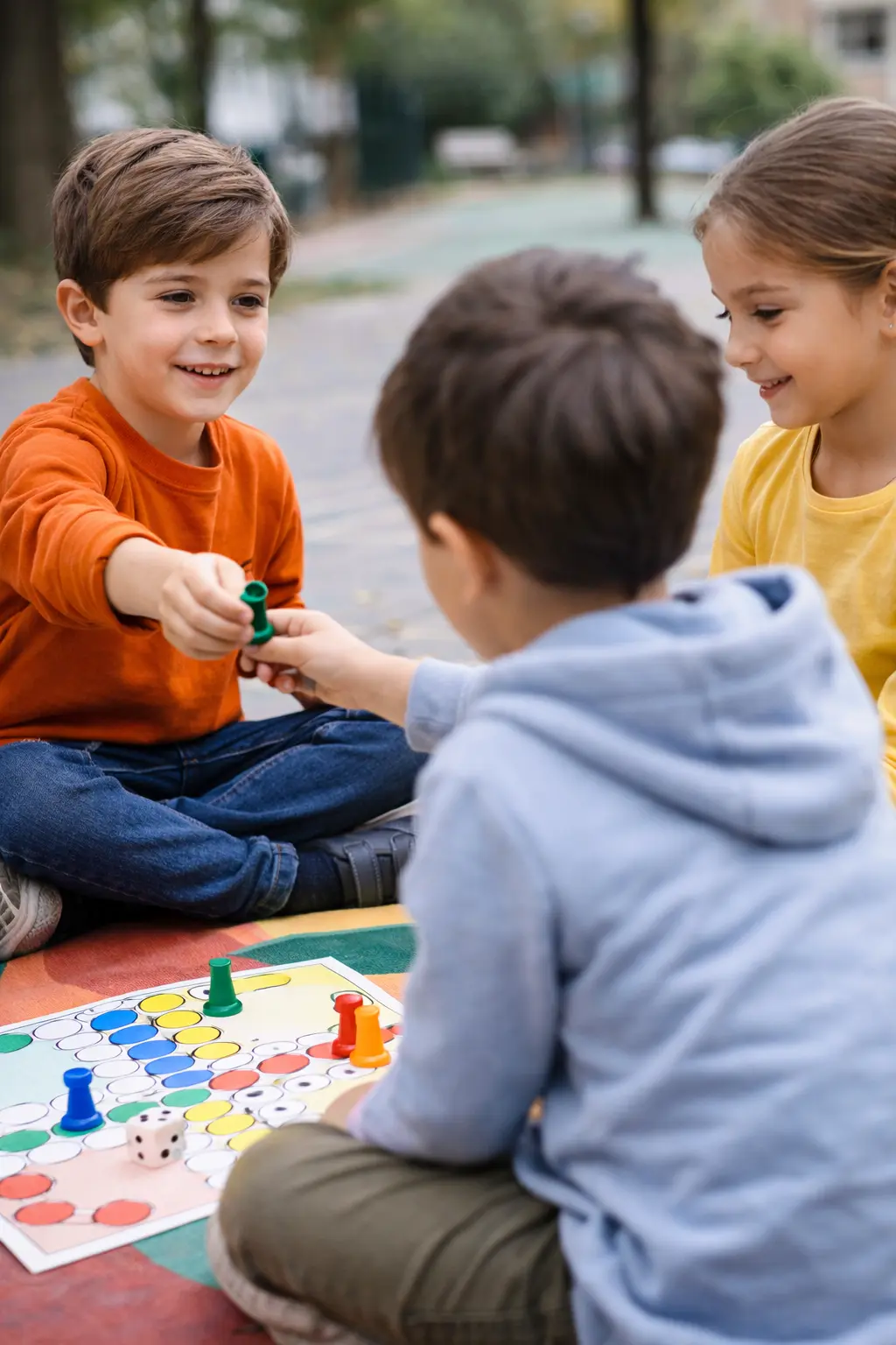 Three children play fairly together outdoors, taking turns and including each other in the game