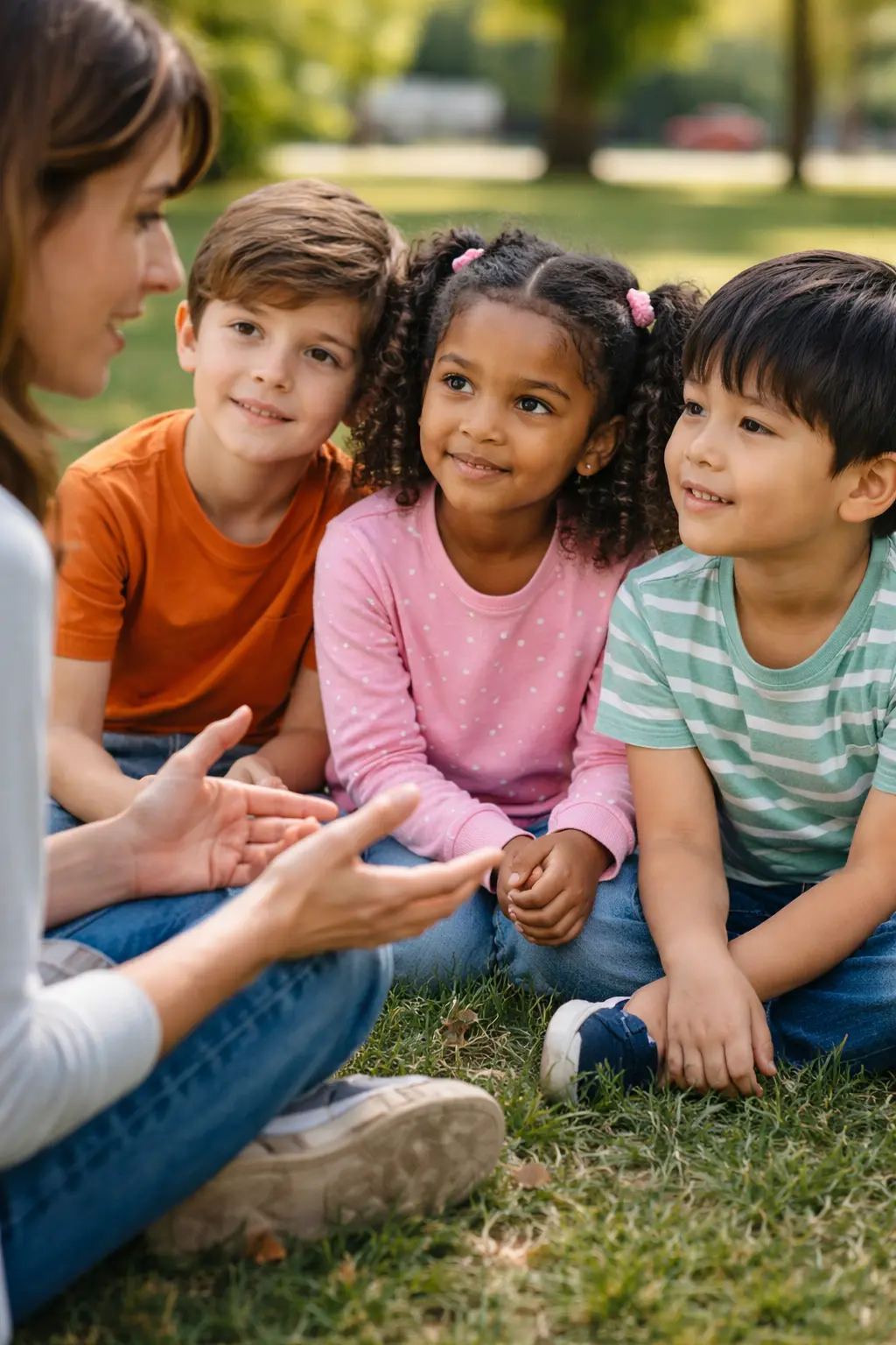 An adult talks with three children about kindness, inclusion, and respecting differences