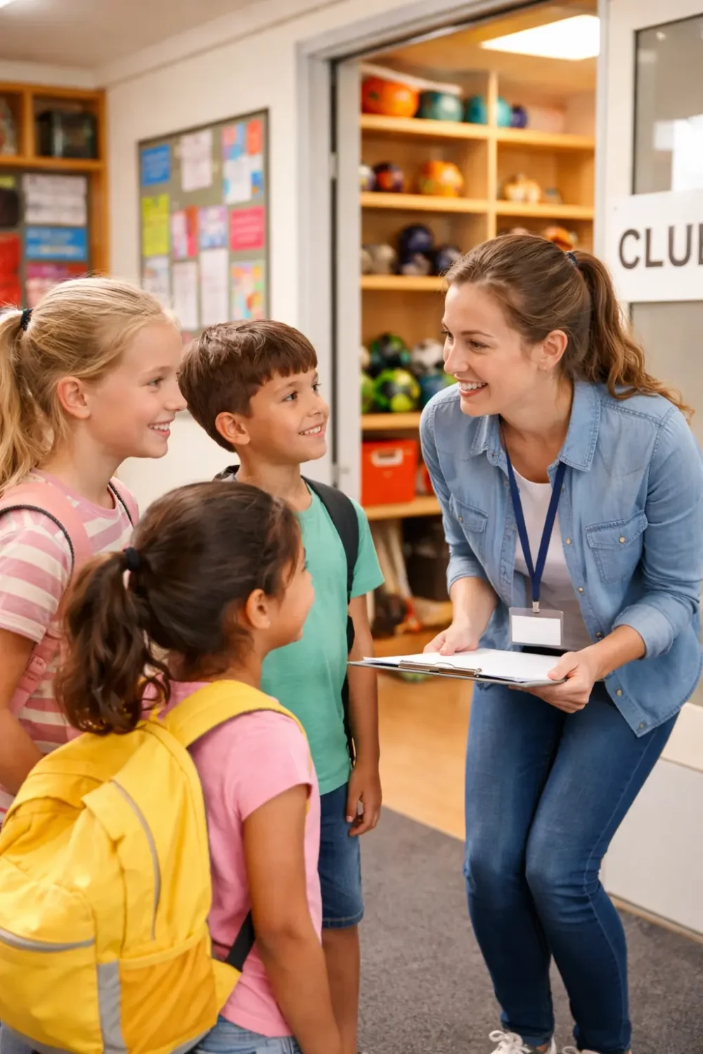 Children arriving at a well-organised after-school club are greeted by a friendly staff member holding a clipboard at the entrance.