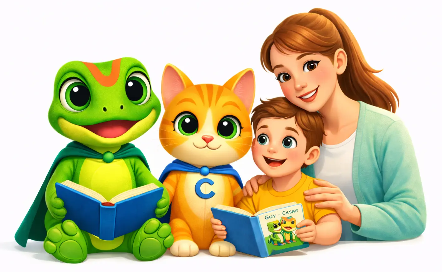 Guy and Cesar with a child and supportive adult, showing child-friendly safety storybooks and practical safeguarding support.