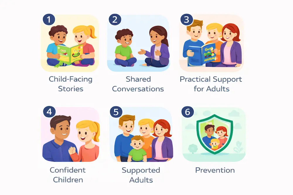 six step safeguarding framework showing storytelling conversations adult support confident children supported adults and prevention
