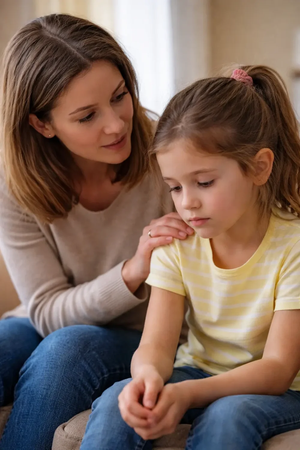 An adult sits beside a thoughtful young child, offering calm support and reassurance during a quiet conversation at home.