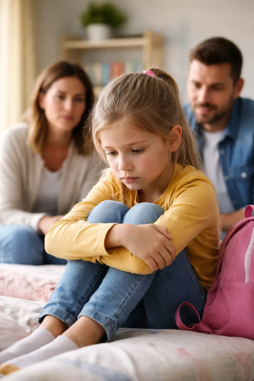 Worried young girl sitting on a bed with concerned parents in the background during a calm family conversation.