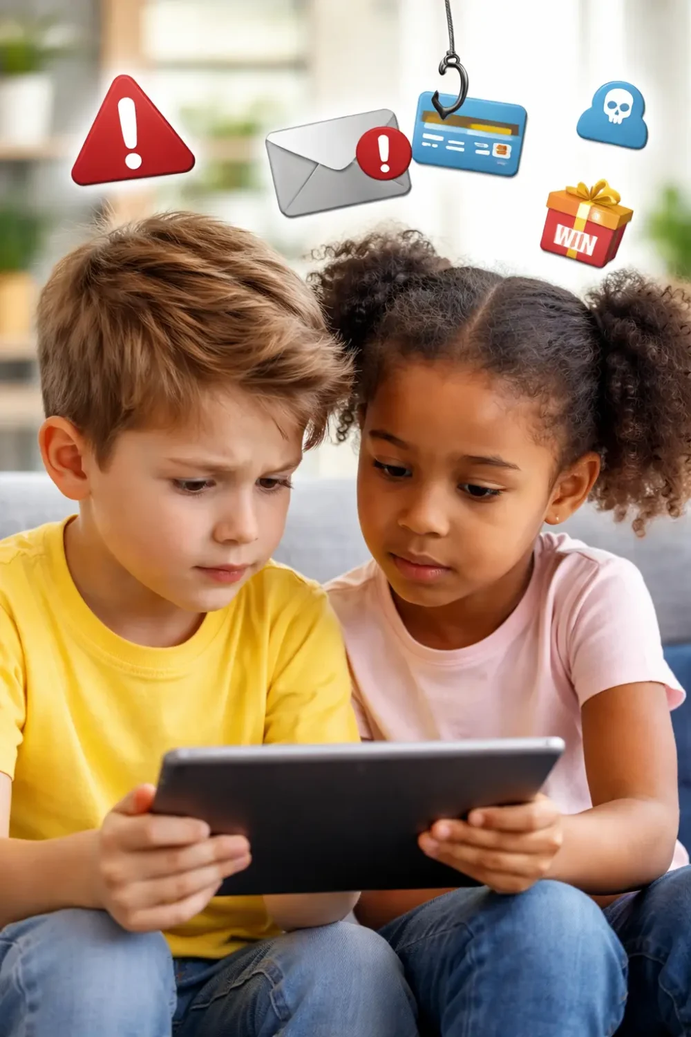 Two young children look carefully at a tablet while warning-style digital symbols suggest fake messages, scams, and online tricks.
