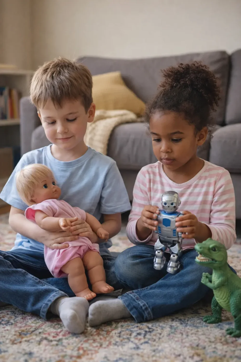 Two young children sit together on a rug at home, with a boy holding a doll while a girl plays with a robot and a dinosaur toy beside her.