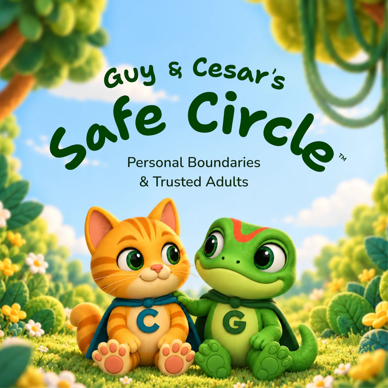 Cover of Guy & Cesar's Safe Circle, a children's book about personal boundaries and trusted adults, showing Cesar the cat and Guy the gecko