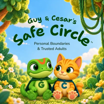 Cover of Guy & Cesar's Safe Circle, a children's book about personal boundaries and trusted adults, showing Guy the gecko and Cesar the cat