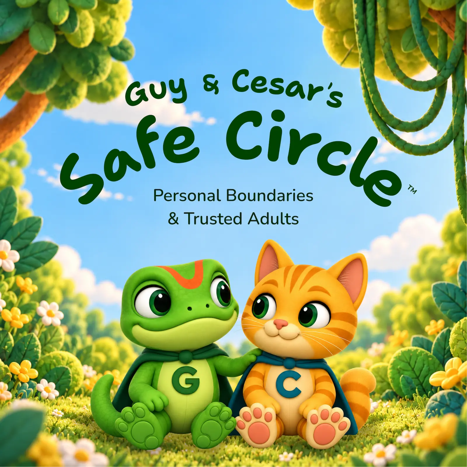 Cover of Guy & Cesar's Safe Circle, a children's book about personal boundaries and trusted adults, showing Guy the gecko and Cesar the cat