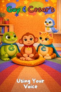 Cover of Guy & Cesar’s Using Your Voice showing Guy the gecko, Cesar the cat, Milo the monkey, and Lumi the bluebird sitting together in a classroom, encouraging confidence and self-expression.