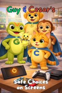 Guy the Guardian Gecko and Cesar the Clever Cat with friends teaching online safety in Safe Choices on Screens children’s book cover