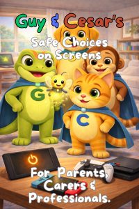 Safe Choices on Screens Adult Toolkit Pack cover showing Guy, Cesar and friends with digital devices for online safety education