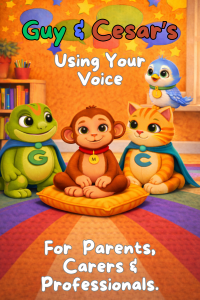 Illustrated adult toolkit cover showing Guy the Guardian Gecko, Cesar the Clever Cat, Milo the Monkey, and Lumi the Bluebird sitting together calmly in a classroom, representing communication, confidence, and support.
